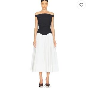 Jonathan Simkhai Cersei Off Shoulder Midi Dress in White Black Multi- Sz 0 New